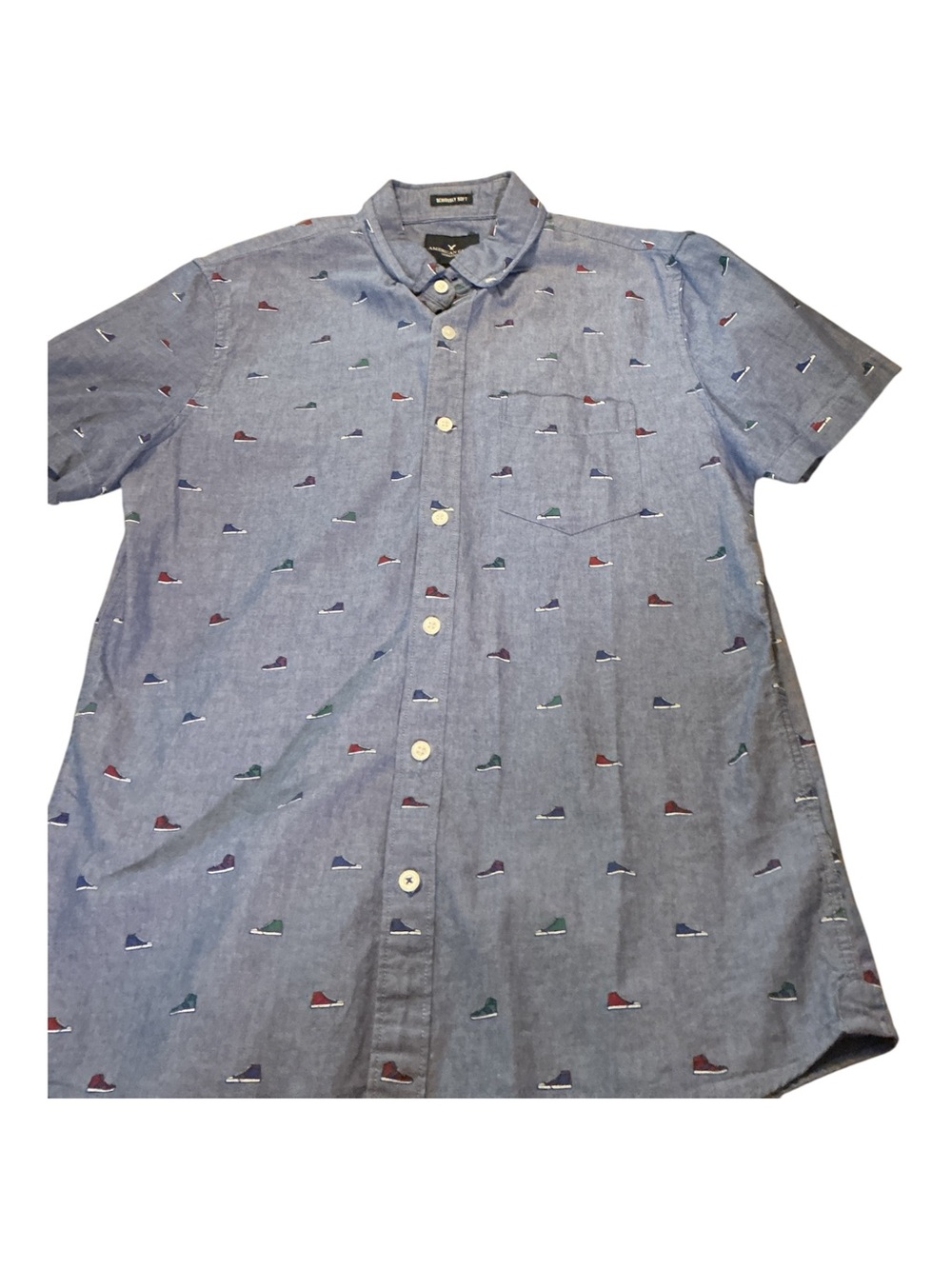 American Eagle Outfitters Blue Short-Sleeve Button-Down with Sneaker Print